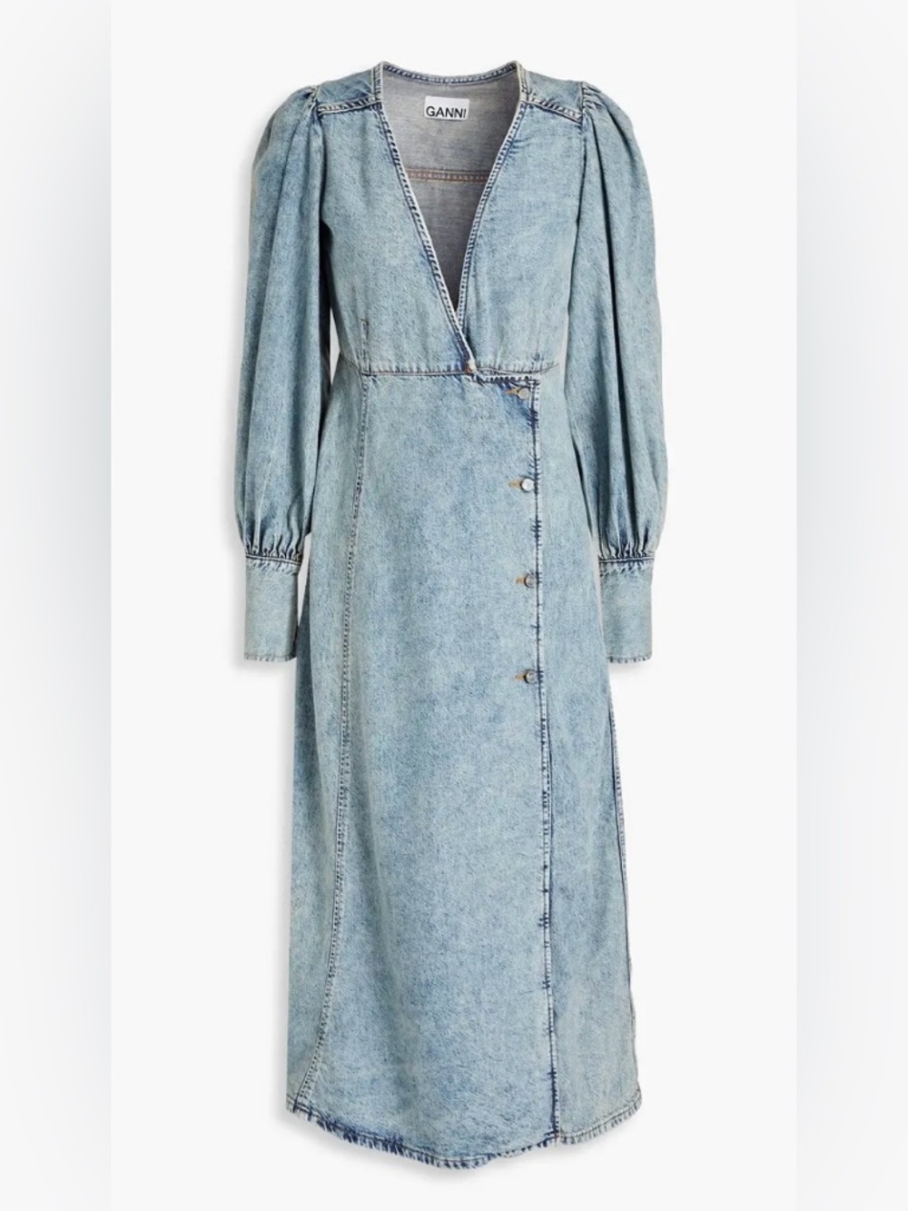 GANNI 
Faded Denim Midi Wrap Dress Blue